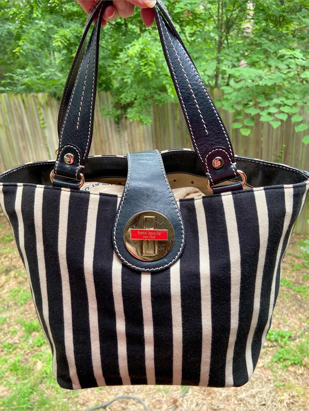 Y2K Kate Spade Striped Knit Turn Lock Tote Leather Handles & Trim Beetle Juice